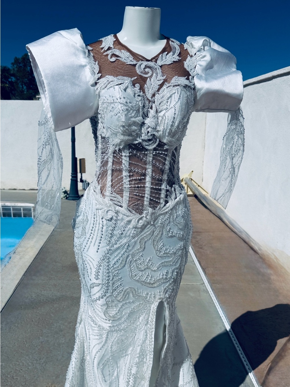 White Embellished Sheer Mermaid Prom Dress with Puff Shoulders